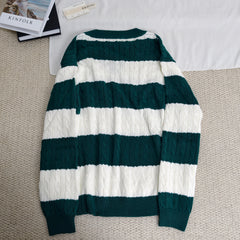 Striped twisted V-neck knitted sweater