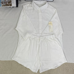 White linen shirt and silk linen shorts set