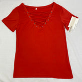 V-neck collar-belt T-shirt top