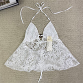 Ruffled lace circular necked top with hollow design
