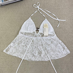 Ruffled lace circular necked top with hollow design