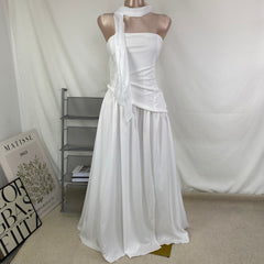 Belted irregular plunging dress with frill trim