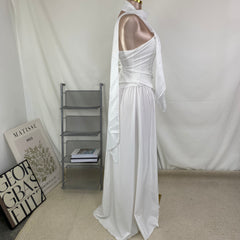 Belted irregular plunging dress with frill trim