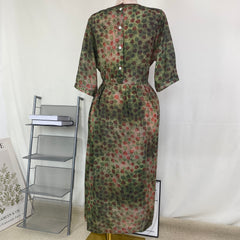 Round-neck flared sleeve leaf-patterned dress