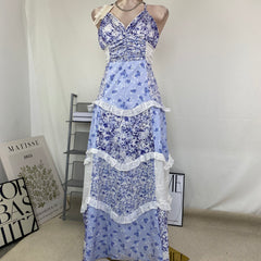 Lace patchwork design floral halter dress