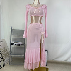 Net fabric high slit long dress set