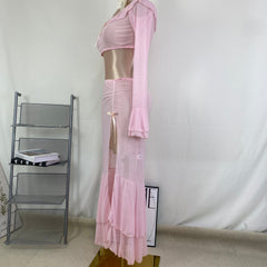 Net fabric high slit long dress set
