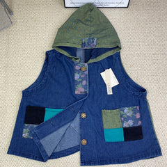 Vintage-style hooded patchwork denim jacket