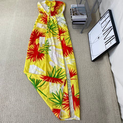 A strapless floral-printed halter dress
