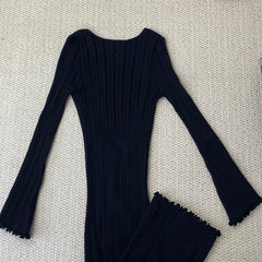 Ruffled-edge off-the-shoulder knitted long dress