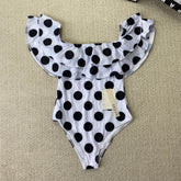 Off-the-shoulder polka-dot ruffled swimsuit