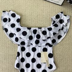 Off-the-shoulder polka-dot ruffled swimsuit