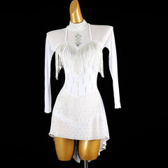 Customisable-Women's White Mesh Tassel DanceWear Dance Dress Performance Wear