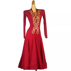 Customisable-Women's Red V-neck Long Sleeve DanceWear Ballroom Dance Dress