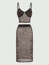 Leopard Print Patchwork Tube Top Sequin Midi Skirt 2pcs Set-Brown Pre Order
