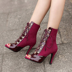 Women's 7cm/9cm Slim Heel Patchwork Leatherette Rubber Sole Peep Toe Lace-up JazShoes Dance Boots