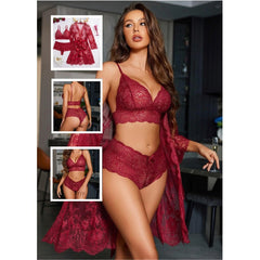 Women's Sexy Lingerie Set 3 Piece Lace Kimono Robe with Bra and Panty Sleepwear