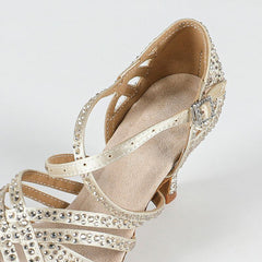 Women's Beige Customized Heel Open Toe Strappy Dance Shoes With Crystals