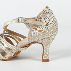 Women's Beige Customized Heel Open Toe Strappy Dance Shoes With Crystals