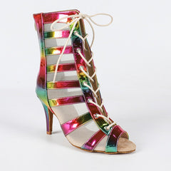 Ladies PU Rainbow Customized Heel Dance Boots Salsa Professional Dance Shoes