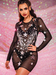 Sequin Rhinestone Dresses - Sheer Black Spandex Mesh Dress