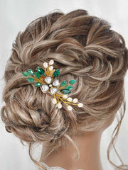 Hairpin with Green Crystal and Pearl Decoration