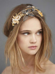 Gold Headband with Rhinestone and Pearl Flower Charm