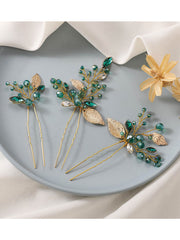 3-Pack Emerald Green Rhinestone Gold Foil Hairpins