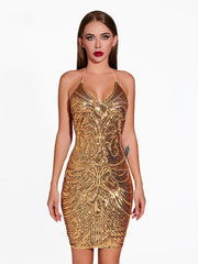 Backless V-Neck Fitted Sequin Latin Dance Dress
