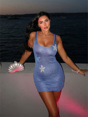 Summer Knit Sequin Star Pattern Mini Dress