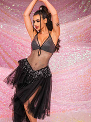 V-Neck Rhinestone Black Dress - Mesh Patchwork Tulle Dress