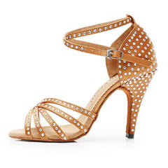 Women's Bronze Satin Rhinestones Customized Heel Latin Dance Shoes
