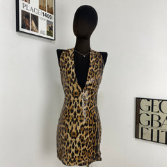 Leopard Print Sequined Backless Dress