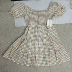 Square-neck checked high-waisted dress