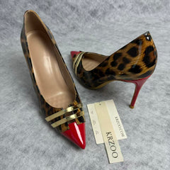 Leopard print patchwork pointed-toe high heels