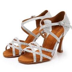 Women's Silver Sparkling Glitter Customized Heel Ballroom Latin Bride Dance Shoes