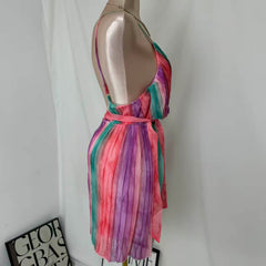 Casual V-Neck Chiffon Dress With Waist Ties