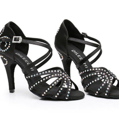 Women's Black Customized Heel Satin Rhinestones Strappy Ballroom Latin Dance Shoes