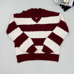 Loose V-neck vintage contrasting stripe sweater