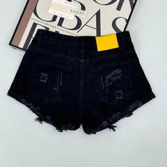 Low-waist fringed denim shorts