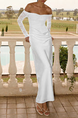 Off Shoulder Lace Patchwork Long Sleeve Ruched Slim Fit Maxi Dresses-White