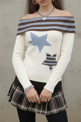 Knit Striped Stars Pattern Off Shoulder Long Sleeve Sweater-Beige
