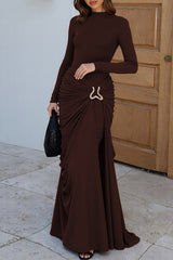 Metal Decor Ruched Slim Fit Solid Color Long Sleeve Maxi Dresses-Brown