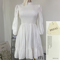 White long-sleeved stretch waist pleated short dress