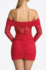 Off Shoulder Long Sleeve Lace Patchwork Ruched Fitted Mini Dresses-Red