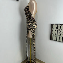 Irregular High-Slit Leopard Print Dress