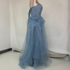 Smog Blue One-Shoulder Flowing Net Silk Evening Gown