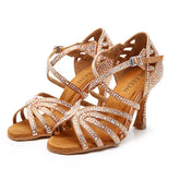 Women's Bronze Strappy Satin Rhinestones Customized Heel Dance Shoes
