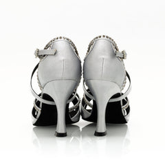 Women's Silver Customized Heel Open Toe Strappy Dance Shoes with Crystals