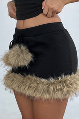 Faux Fur Patchwork Bodycon Tie Up Low-Rise Mini Skirt-Black